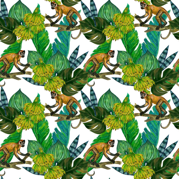 Watercolor tropical wildlife, monkey,banana seamless pattern Hand Drawn jungle nature, flowers illustration. Print for textile, cloth, wallpaper, scrapbooking - 写真・画像