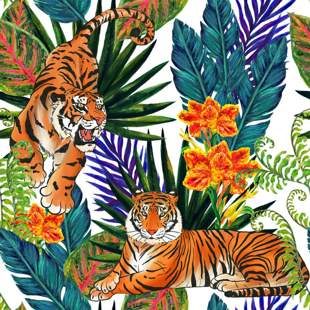 Watercolor tropical seamless pattern. Canna flower, palm, fern, banana leaves foliage and wild animals tiger texture for print wrapping fabric - Foto, imagen