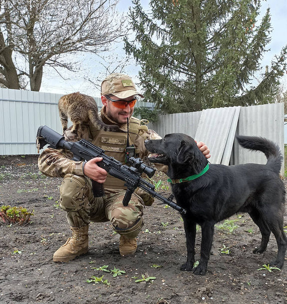 Ουκρανός πολεμιστής του στρατού με κατοικίδια ζώα γάτα και σκύλο, η οποία εγκαταλείφθηκε λόγω των συνθηκών πολέμου - Φωτογραφία, εικόνα