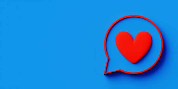 Blue background with a speech bubble with a red heart to express emotion of love and with copy space. 3d rendering. - Foto, Bild