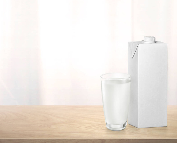 Молоко в стекле и молочной коробке на деревянном столе на белом фоне - Фото, изображение