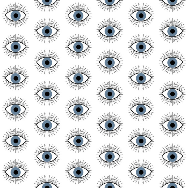 Abstract seamless blue evil eye pattern design with black eyelashes decoration on white background - Foto, Imagen
