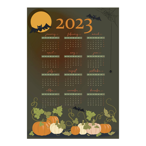 Halloween Wall Monthly Calendar 2023 in English. Calendar, 12 months template with pumpkin, - Vettoriali, immagini