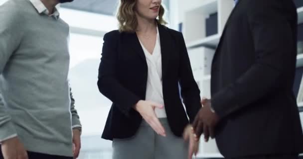 Welcome greeting or thank you handshake of a female manager meeting clients. Team of business professionals after a successful team collaboration deal. Group of office workers shaking hands inside. - Felvétel, videó