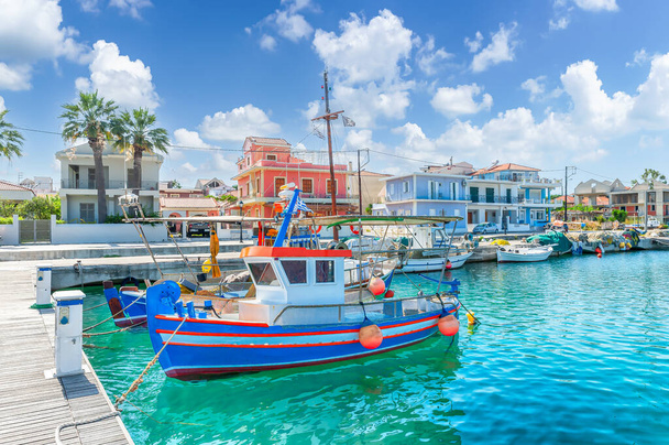 Landscape with fishing boats in port of Lixouri town, Kefalonia island, Greece - Fotografie, Obrázek
