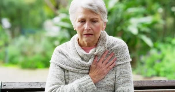 Senior woman suffering from heart attack, breathing heavily and holding her chest in pain. Mature female experiencing a cardiac arrest and looking scared or afraid while sitting on a bench on a park. - Filmagem, Vídeo