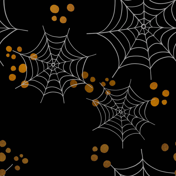 Halloween seamless pattern with spider web and gold blobs. Hand drawn style watercolor. Holiday Halloween illustration on black. - 写真・画像