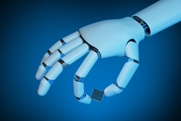Robotic hand holding a microprocessor. 3d illustration. - Fotó, kép