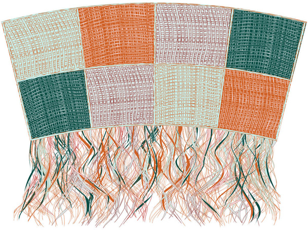 Tapestry with geometrical , grunge checkered, striped, arc pattern in green, orange, violet colors and with vertical fringe isolated on white background - Vecteur, image
