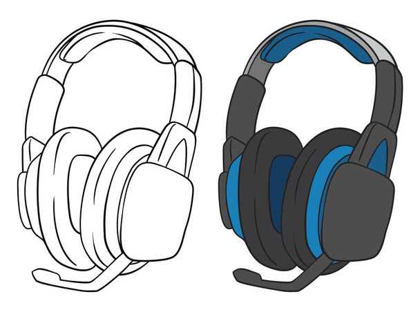 Design in flat style and outlines of a set of headphones with microphone, but one without color, and the other with dark and blue colors. - Vektor, obrázek