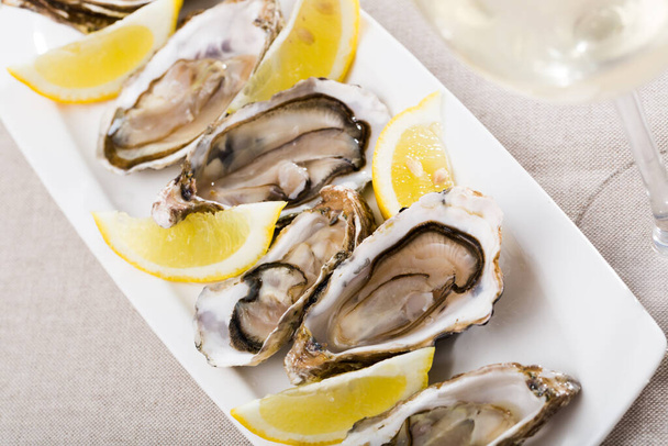 Oysters with lemon on plate. High quality photo - Fotoğraf, Görsel