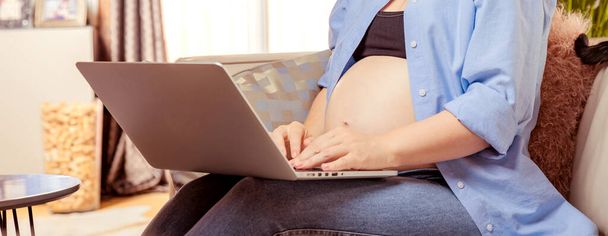 cropped photo of pregnant woman sitting on sofa and using laptop computer - Foto, afbeelding