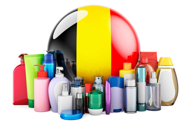 Бельгійський прапор з косметичними пляшками, волоссям, шкірою обличчя і продуктами догляду за тілом. 3D-рендеринг ізольований на білому тлі - Фото, зображення