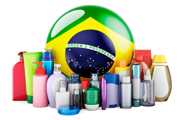 Brazilian flag with cosmetic bottles, Hair, facial skin and body care products. 3D rendering isolated on white background - Fotó, kép