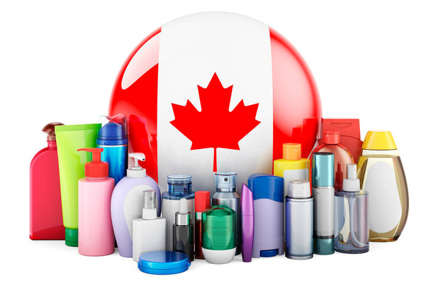 Канадський прапор з косметичними пляшками, волоссям, лицьовою шкірою і продуктами догляду за тілом. 3D-рендеринг ізольований на білому тлі - Фото, зображення
