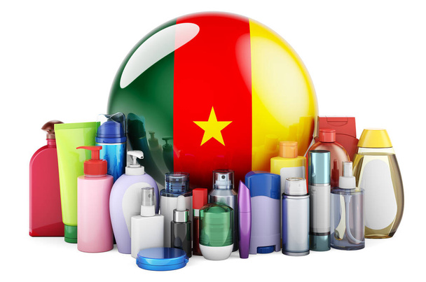 Камерунський прапор з косметичними пляшками, волоссям, шкірою і продуктами догляду за тілом. 3D-рендеринг ізольований на білому тлі - Фото, зображення