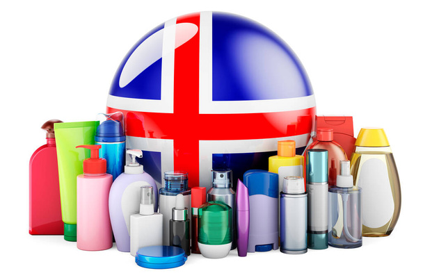 Icelandic flag with cosmetic bottles, Hair, facial skin and body care products. 3D rendering isolated on white background - Foto, Bild