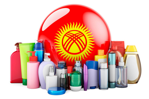 Прапор Киргизстану з косметичними пляшками, волоссям, шкірою обличчя та продуктами догляду за тілом. 3D-рендеринг ізольований на білому тлі - Фото, зображення