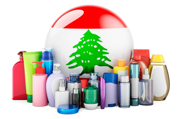 Lebanese flag with cosmetic bottles, Hair, facial skin and body care products. 3D rendering isolated on white background - Fotó, kép