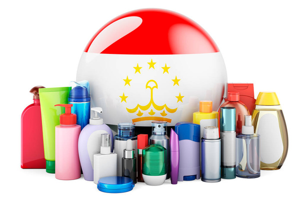 Прапор Таджика з косметичними пляшками, волоссям, шкірою та продуктами догляду за тілом. 3D-рендеринг ізольований на білому тлі - Фото, зображення