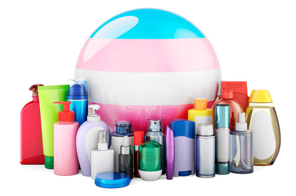 Transgender flag with cosmetic bottles, 3D rendering isolated on white background - Foto, afbeelding