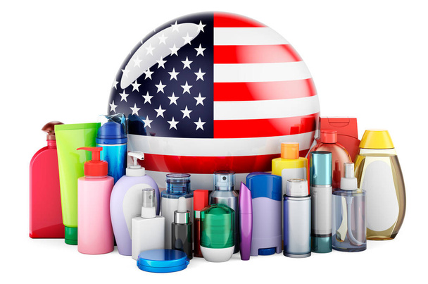 Прапор Сполучених Штатів з косметичними пляшками, волоссям, шкірою і продуктами догляду за тілом. 3D-рендеринг ізольований на білому тлі - Фото, зображення