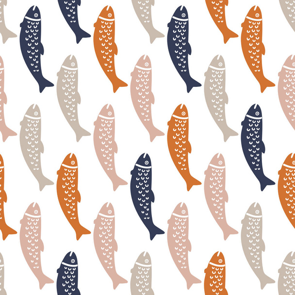 Seamless pattern with hand drawn colorful fish. Bright design for fabric, cloth, home textile, wrapping paper, cover. - Vektör, Görsel