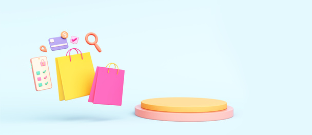 Podium display shopping online order applications on smartphones. Promotion delivery with credit card and shopping bags. pedestal for retail product business. object clipping path. 3D Illustration. - Photo, image