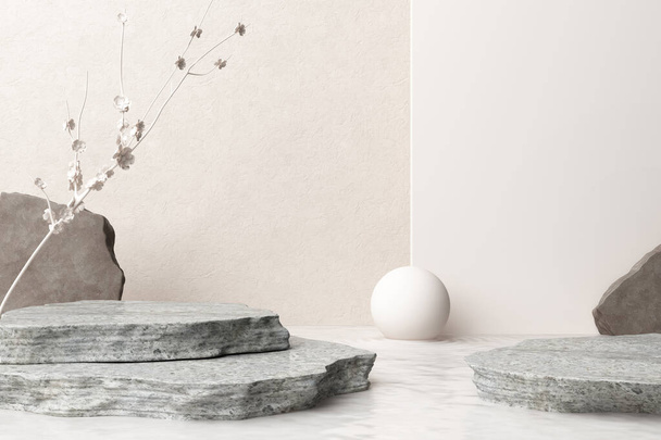 podium display product brown and gray stone marble on water. sphere with ripple advertising pond or stream zen style japan wall sakura backdrop concrete beige. cosmetics or skin care. 3D Illustration. - Fotoğraf, Görsel