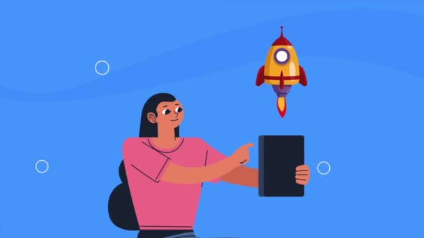 rocket start up and woman using tablet ,4k video animated - Footage, Video