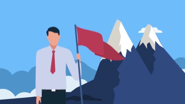 κομψό άνθρωπος των επιχειρήσεων με σημαία στα βουνά, 4k βίντεο κινούμενα - Πλάνα, βίντεο