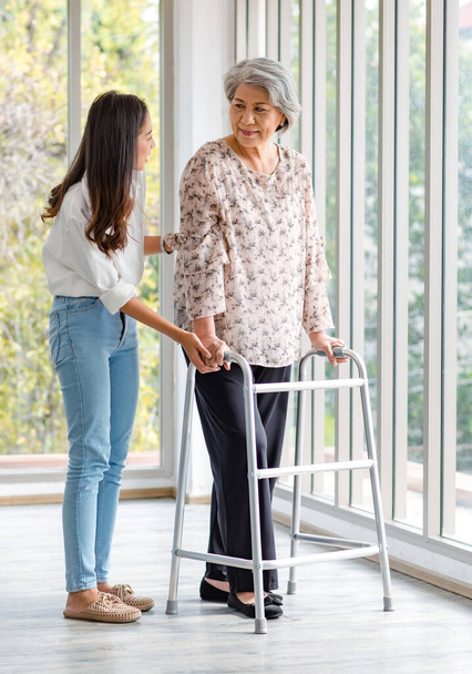 Asian young beautiful happy female granddaughter smiling helping cheerful old senior healthy gray hair retired pensioner grandmother walking using support assist four legged walker in living room. - Zdjęcie, obraz