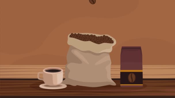 Кофе тосты зерна в мешке, 4k видео анимированы - Кадры, видео