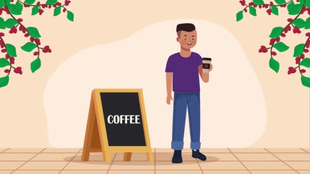afro man drinking coffee character animation ,4k video animated - Felvétel, videó