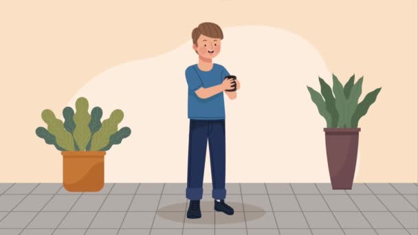 мужчина пьет кофе анимации персонажа, 4k видео анимированы - Кадры, видео