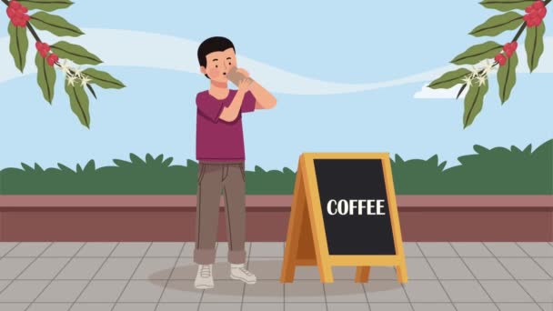 мужчина пьет кофе с доской, 4k видео анимировано - Кадры, видео