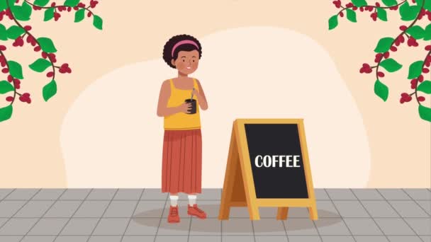 woman drinking coffee with chalkboard ,4k video animated - Filmagem, Vídeo