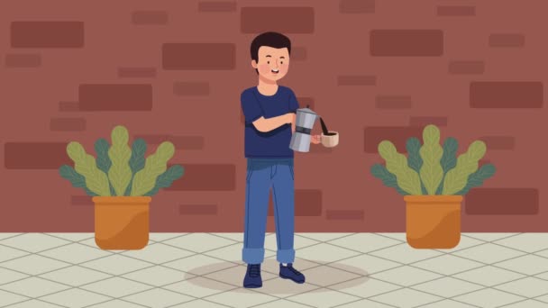 человек, обслуживающий анимацию персонажа кофе, 4k видео анимации - Кадры, видео