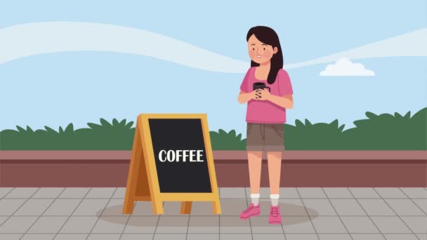 женщина пьет кофе с доской, 4k видео анимированы - Кадры, видео