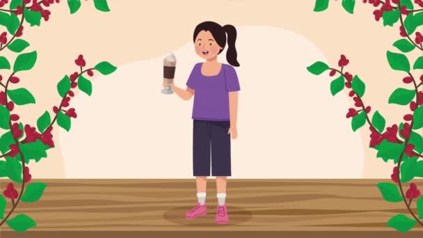 женщина пьет кофе с растениями, 4k видео анимированных - Кадры, видео