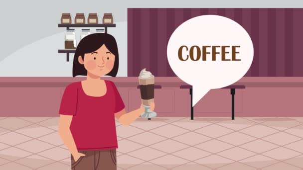 woman drinking coffee with speech bubble ,4k video animated - Filmagem, Vídeo