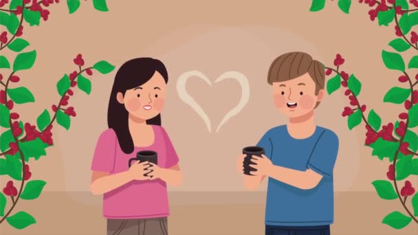 couple drinking coffee with plants ,4k video animated - Felvétel, videó