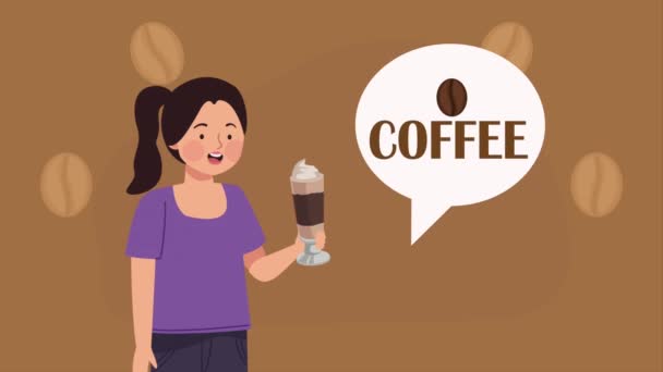 женщина пьет кофе с речевым пузырём, 4k видео анимировано - Кадры, видео