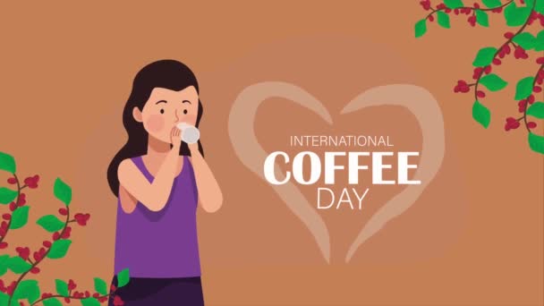 woman drinking coffee with heart ,4k video animated - Filmati, video