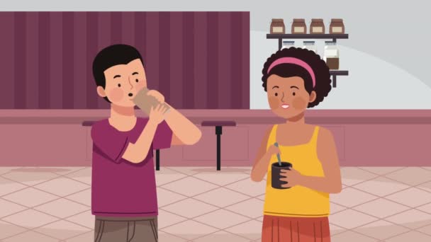 couple drinking coffee in restaurant ,4k video animated - Filmagem, Vídeo