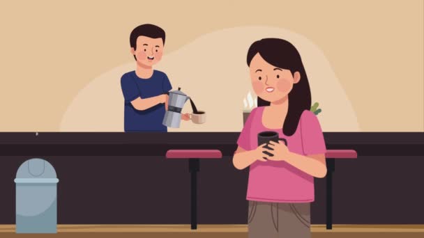 couple drinking coffee characters animation ,4k video animated - Filmagem, Vídeo