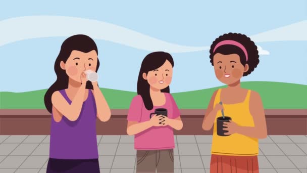 группа девочек, пьющих кофе персонаж, 4k видео анимированных - Кадры, видео