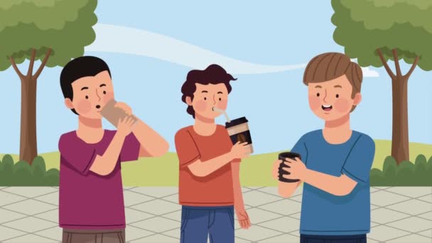группа мужчин, пьющих кофе символов, 4k видео анимированных - Кадры, видео