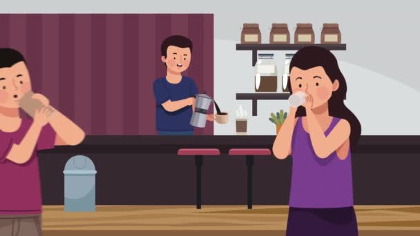 couple drinking coffe in shop ,4k video animated - Filmagem, Vídeo