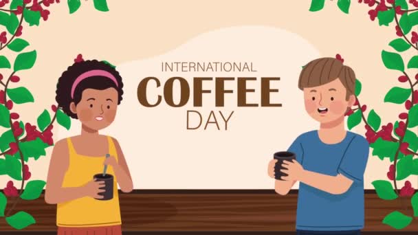 couple drinking coffee with plants ,4k video animated - Filmagem, Vídeo
